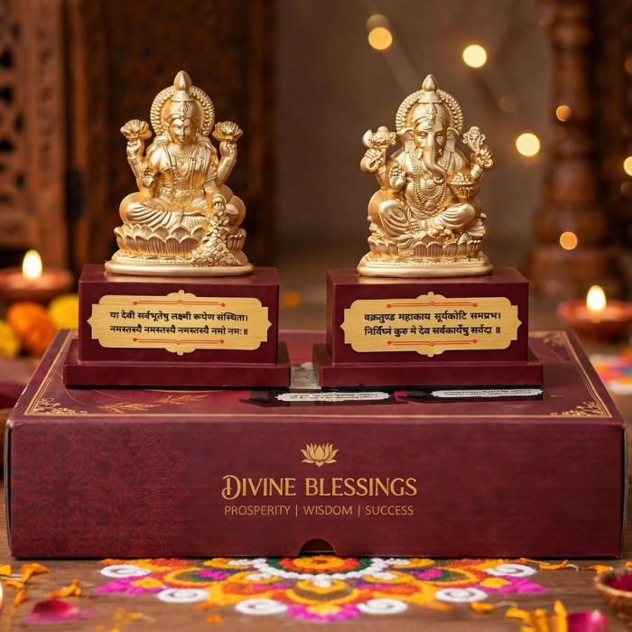 Golden Lakshmi Ganesha Idol Set with Wooden Base