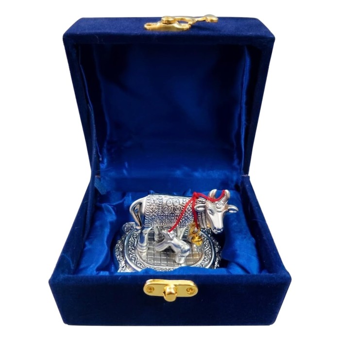 German Silver Cow and Calf Statue with Velvet Gift Box