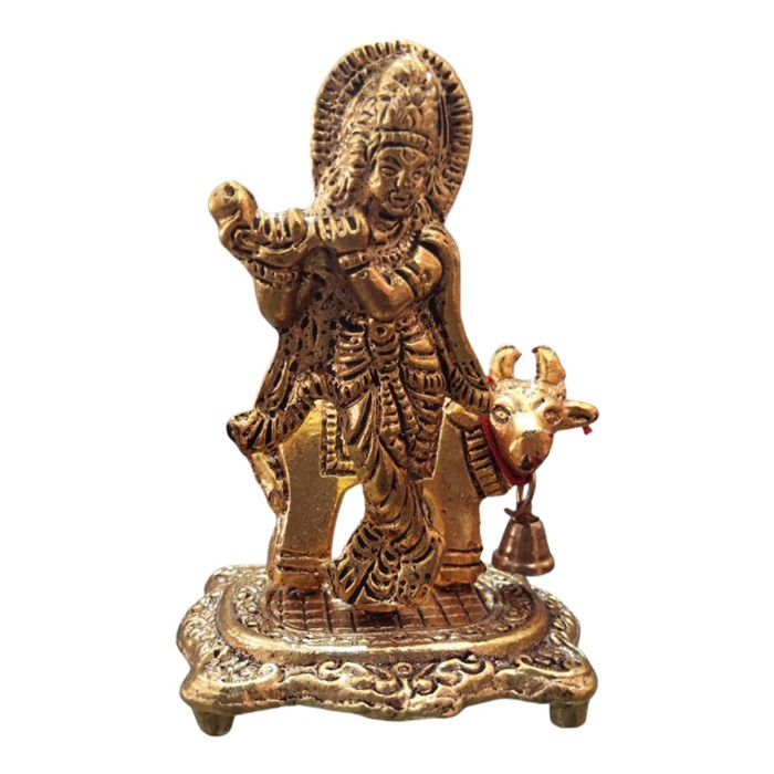Brass Krishna Idol with Cow
