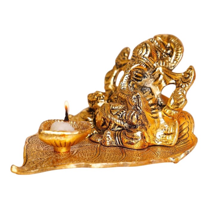 Brass Ganesha Idol on Leaf with Diya