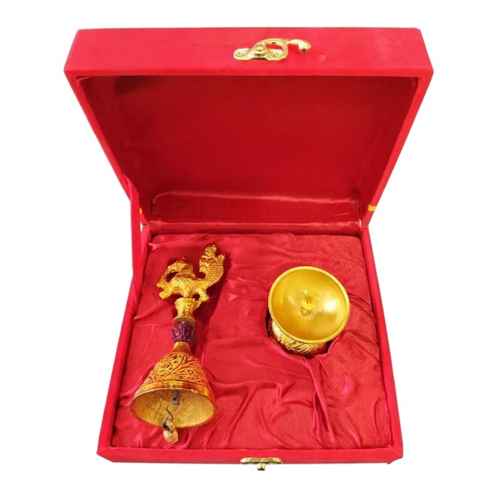 Gold Plated Diya and Bell Set with Gift Box
